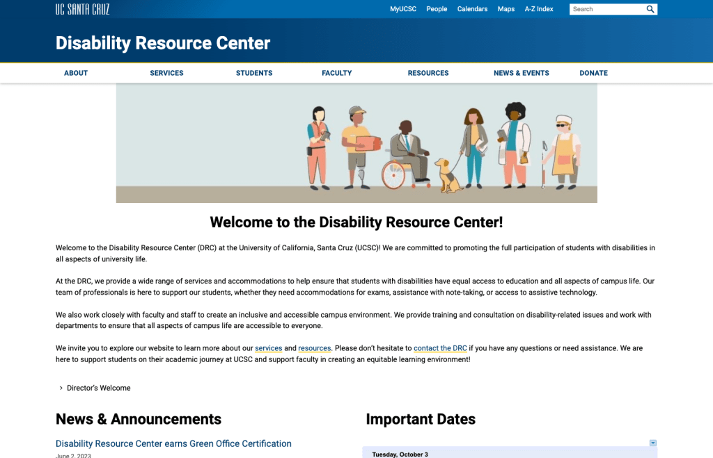 The UCSC Disability Resource Center website