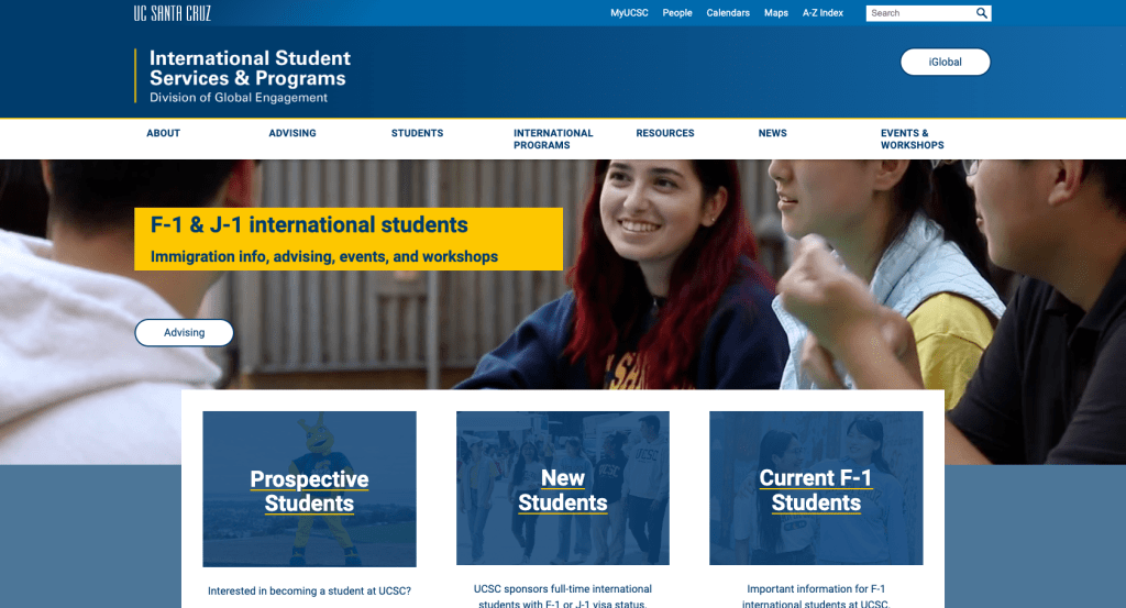 Screenshot of International Student Services and Programs website